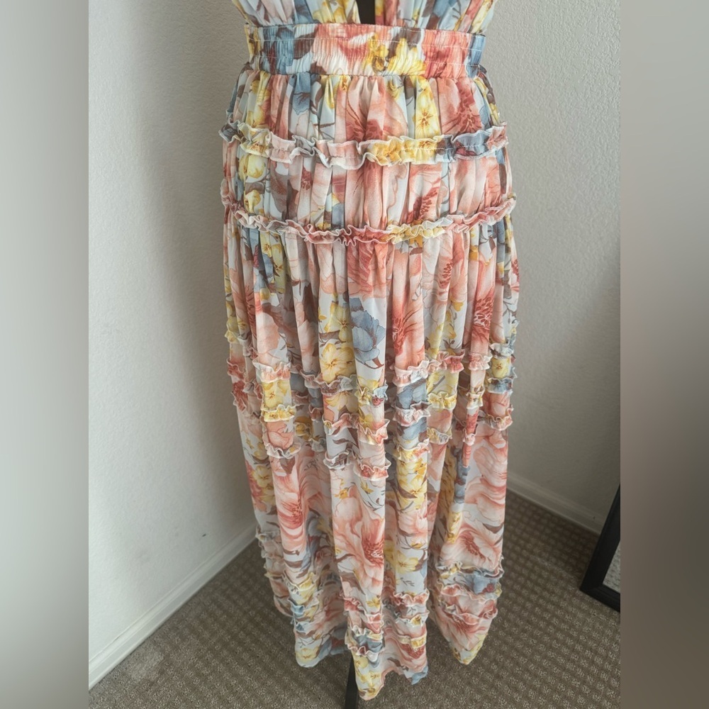 Forever 21 Floral Maxi Dress Small Tiered Ruffle Boho Pastel Sleeveless size S - Picture 3 of 10